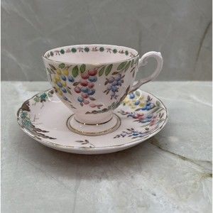 Vtg Tuscan Fine Bone China Tea Cup Saucer Grapes Stamped Pink London Set
